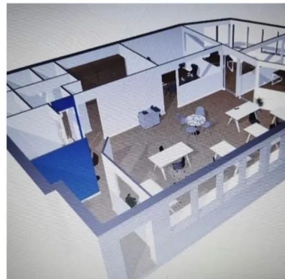 Plan 3D d'aménagement de bureaux montrant l'implantation des cloisons, des postes de travail et de l'espace d'accueil